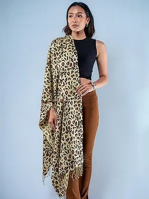 Yellow-Iris Pashmina Silk Shawl with Cheetah Skin Print from Nepal