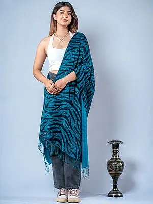 Blue Leopard-Zebra Skin Pattern Printed Pashmina Silk Stole from Nepal