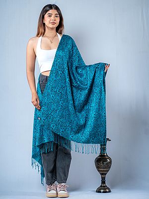 Blue Abstract Motif Printed Pashmina Silk Stole from Nepal with Single String Tassels