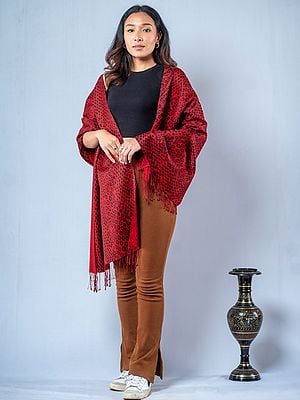 Red Pashmina Silk Snake Printed Stole With Single String Tassels From Nepal