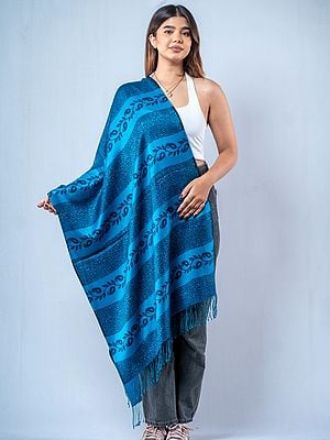 Norse-Blue Vine Motif Pashmina Silk Stole From Nepal With Single String Tassels