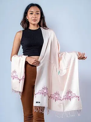 Pashmina Silk Stole with Floral Embroidery on Border from Nepal with Fringe