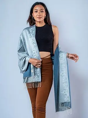 Reversible Flourish Vine Motif Pashmina Silk Stole From Nepal With Beaded Embroidery