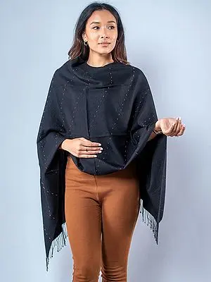 Black Pashmina Silk Stole from Nepal with Diagonal Line Pattern and Fringe