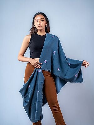 Infinity-Blue Floral Butta Motif Pashmina Silk Embroidered Stole from Nepal with Fringe
