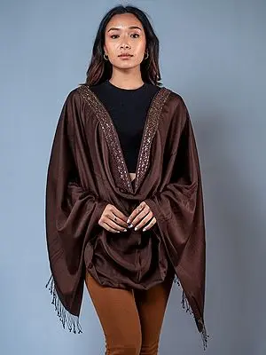 Brown Pashmina Silk Stole with Floral Bead Embroidered Pattern Border from Nepal