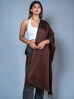 Brown Scroll Bail Motif Pashmina Silk Embroidered Stole from Nepal with Fringe
