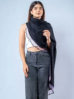 Black Reversible Plain Pashmina Silk Stole from Nepal with Beaded Fringe