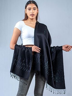 Pashmina Silk Stole with Embroidery on Border from Nepal with Fringe