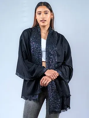 Caviar-Black Pashmina Silk Stole with Sequins Embroidery and Fringe from Nepal