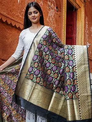 Bristol-Black Meena Gerbera Daisy Flower Motif Banarasi Dupatta And Chowkadi Pattern Zari Border