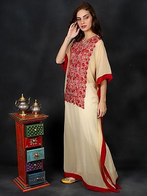 Autumn-Blonde Long Kashmiri Georgette Kaftan with Floral Aari Hand Embroidery and Contrast Red Border