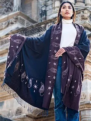 Blue-Brown Pashmina Silk Extra-Wide Reversible Shawl