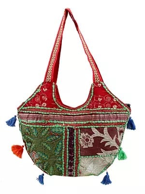 Assorted Patchwork Embellished Handcrafted Floral Medium Upcycled Shoulder Bag with Tassels from Jaipur