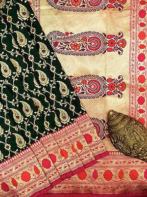 Dark-Green Katan Silk Paisley Vine Meena Butta Banarasi Saree And Paithani Pattern Border