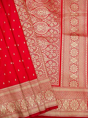 Poppy-Red Banarasi Katan Silk Saree With All-Over Zari Kalka Butta Motif On The Body And Mughal Pattern Border