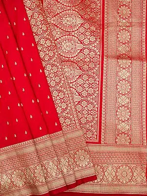 Poppy-Red Banarasi Katan Silk Saree with Zari Kalka Butta Motif and Mughal Pattern Border
