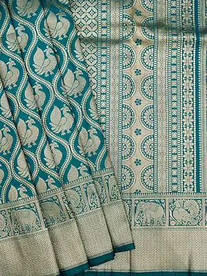 Blue-Moon Banarasi Peacock Feather Jaal Pattern Katan Silk Saree with All-Over Zari Woven