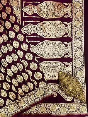 Ruby-Wine Banarasi Katan Silk Saree with Floral Repeat Motif and Zari Vine Trope Border