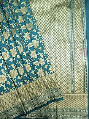 Peacock-Blue Banarasi Floral Creepers Katan Silk Saree with Contrast Broad Border