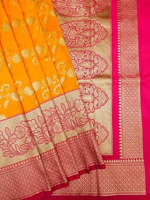 Amber-Yellow Katan Silk Banarasi Saree With Leaf And Flower All-Over Pattern
