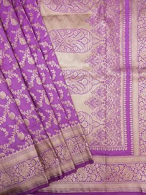 Purple Banarasi Katan Silk Saree with Floral-Leaf Vine Motif with All-Over Woven Zari