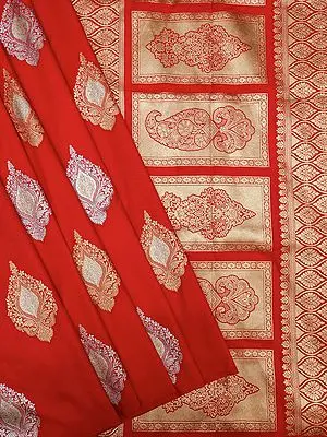 Poppy-Red Katan Silk Banarasi Saree with Brocaded Floral Motif and All-Over Woven Zari