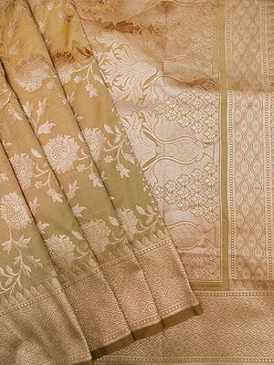 Reed-Yellow Banarasi Brocaded Jaal Pattern Katan Silk Saree With Contrast Broad Border