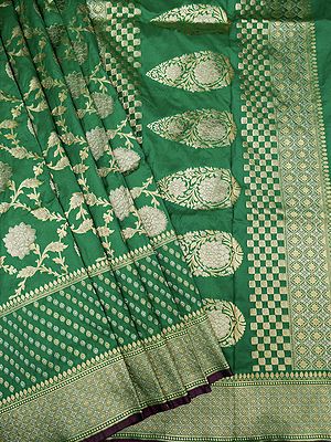 Ultramarine-Green Brocaded Katan Silk Banarasi Saree With Zari-Woven Floral All-Over Vine Pattern