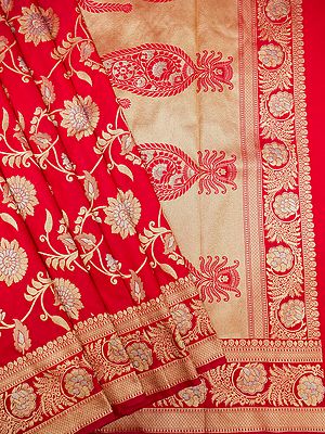 Red Katan Silk Banarasi Saree With Bail Pattern With Paisley Motif Border
