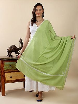 Lettuce-Green Pure Pashmina Shawl with Hand-Embroidered Sozni Silk Thread Border | GI Certified