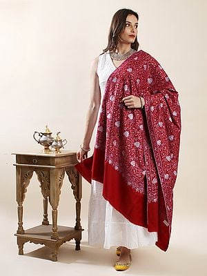 Pompeian-Red Pure Pashmina Shawl with Silk Thread Hand-Embroidered Sozni Maple Leaf - Floral Vine Pattern