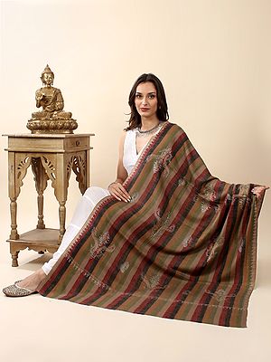 Multicolor Dress Pattern Stripe Woven Pure Pashmina Hand-Embroidered Sozni Shawl with Paisley Motif (GI Certified)
