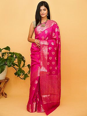 Pink-Peacock Pure Munga Silk Banarasi Saree With All-Over Floral Butta And Tribal Pattern Border