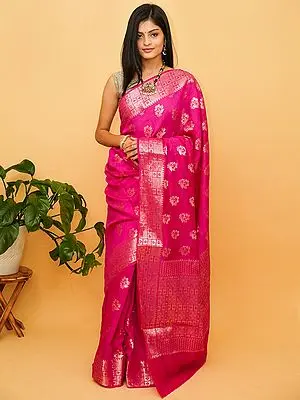 Pink-Peacock Pure Munga Silk Banarasi Saree with Floral Butta and Tribal Pattern Border