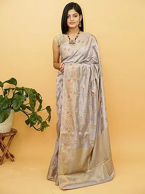 Icelandic-Blue Georgette Silk Banarasi Saree With Floral Butta Meena Work On All-Over