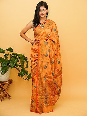 Dark-Cheddar Jorjet Silk Diagonal Vine Pattern Banarasi Saree With Meena Work On All-Over