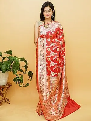 True-Red Satin Meena Work Banarasi Saree With Hibiscus Flower Jaal Pattern
