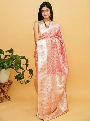 Tickled-Pink Satan Silk Tanchui Zari Banarasi Saree With Peacock Feather Icon Motif On Body And Mughal Butta Pallu