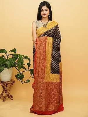Black-Onyx Pure Khaddi Chiffon Antique Zari Banarasi Saree with Floral Butti and Ogee Pattren Pallu
