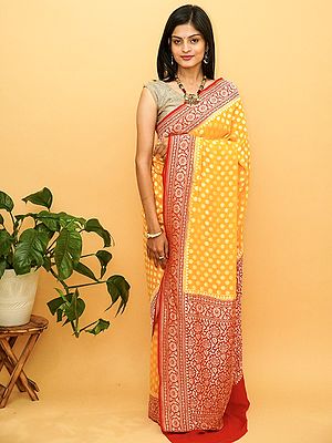 Spectra-Yellow Pure Chiffon Contrast Banarasi Saree With Chakra Buti And Floral Creeper Border