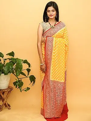 Spectra-Yellow Pure Chiffon Contrast Banarasi Saree with Chakra Buti and Floral Creeper Border