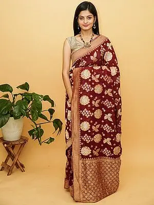 Rythmic-Red Pure Chiffon Leaf-Floral Motif Banarasi Saree With Star Phool Border