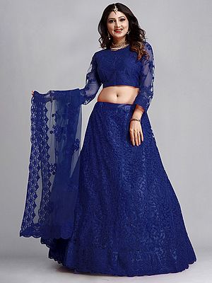 Net Scalloped Lehenga Choli with Phool Bail Pattern with All-Over Thread Embroidery and Dupatta