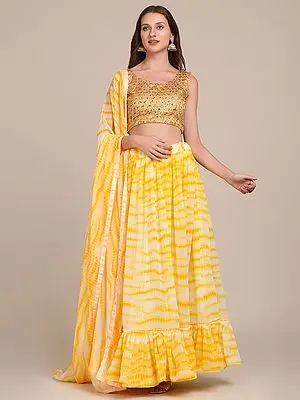 Georgette Shibori Print Ruffle Lehenga with Taffeta Silk Embroidered Choli with Dupatta