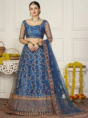 Rama-Blue Net Lehenga Choli with Meena Vine Pattern Thread Embroidery and Dupatta