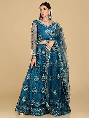 Turkish-Tile Net Mughal-Diamond Pattern Lehenga Choli with Thread Embroidery and Scalloped Dupatta
