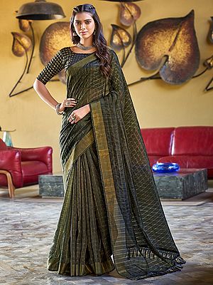 Cotton Zari Woven Fabric Saree with Fancy Jhalar and Jacquard Check Pattern Blouse