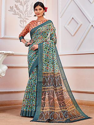 Cotton Zari Patta Fabric Saree With All-Over Paisley-Floral Digital Print And Jhalar Border Pallu