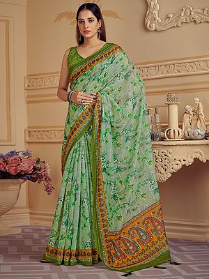 Cotton Sequence Floral Vine Digital Print Saree With Blouse And Mango Butta On Border-Pallu